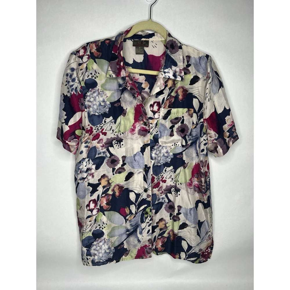 Vtg‎ New York Style Womens Top Blouse Navy Floral 100% Silk Med Button Up Short